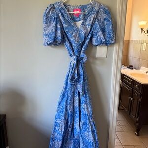 Lilly Pulitzer Blue Floral Wrap Maxi Dress with Puff Sleeves